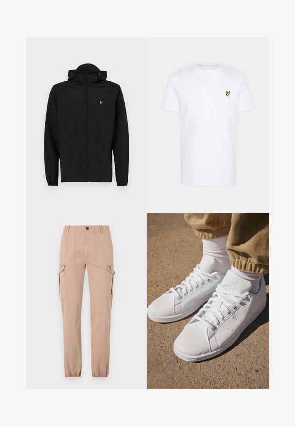 Musta kevyt takki hupulla, vetoketjulla, joustavilla hihansuilla ja sivutaskuilla; siinä on pieni kultainen brodeerattu kotka-logo.; Valkoinen puuvillapaita, jossa on pieni musta ja keltainen brodeerattu logo vasemmassa rintapielessä. Lyhyet hihat ja pyöreä kaula-aukko.; Beige cargo-housut, joissa on kapea leikkaus, kahdella sivutaskulla ja elastisilla hihansuilla. Pehmeä puuvillakangas, yksinkertainen muotoilu ilman kuvioita.; Valkoiset nahkakengät, joissa on sileä pinta, klassinen nauhakiinnitys, reikärakenteet hengittävyyden parantamiseksi ja karkea kumipohja.