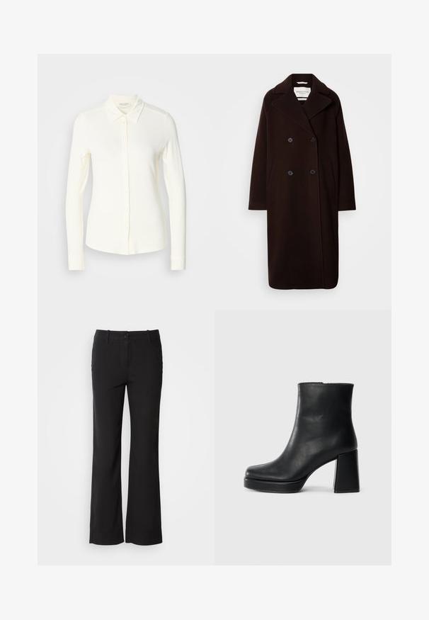 Abrigo largo de lana negra de doble botonadura con solapa ancha, dos bolsillos delanteros y acentos de botones negros. Textura suave, diseño minimalista.; Camisa de botones de manga larga en color crema, hecha de una tela suave. Presenta un cuello clásico y un dobladillo recto con detalles de botones.; Pantalones de mezcla de algodón negros con un diseño de pierna recta, cierre frontal de botón y dos bolsillos laterales. Textura suave, sin patrones visibles.; Botín de cuero negro con tacón cuadrado y suela de plataforma, visto de lado sobre un fondo blanco liso.