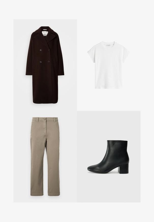 Abrigo largo de lana negra de doble botonadura con solapa ancha, dos bolsillos delanteros y acentos de botones negros. Textura suave, diseño minimalista.; Camiseta de algodón de manga corta blanca. Presenta un corte relajado, con cuello redondo y costuras de hombro ligeramente caídas. Sin patrones ni acentos.; Chinos de algodón caqui con diseño de pierna recta, presentan un botón frontal, bolsillos laterales y una textura suave. Sin patrones ni acentos visibles.; Botas de cuero negras hasta el tobillo con una punta afilada y un tacón grueso. Textura lisa con acentos mínimos y un diseño elegante y ajustado.