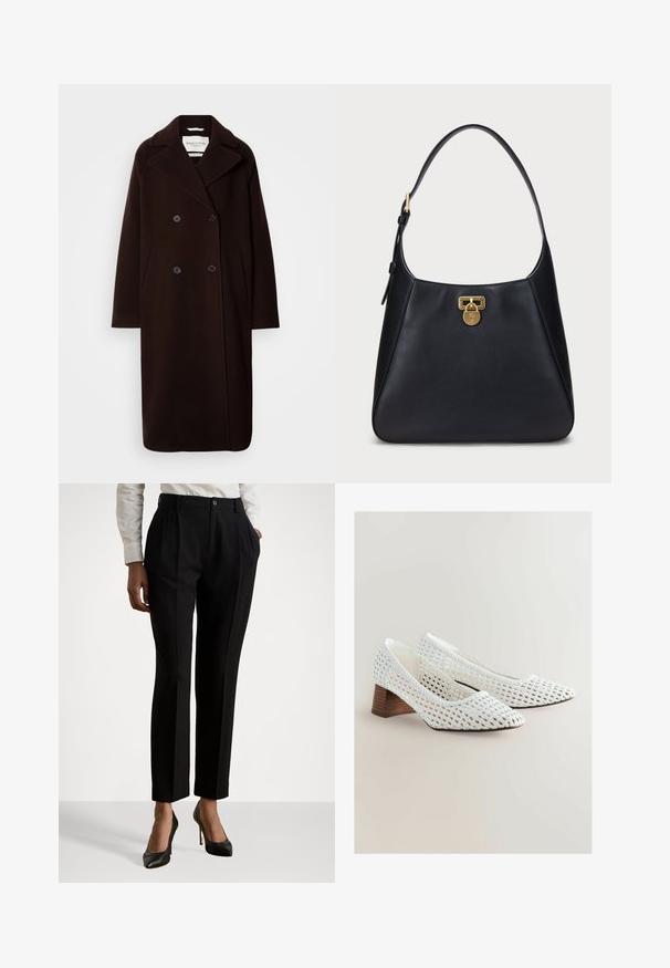 Dviejų mygtukų ilgas juodas vilnonis paltas su plačiais atvartais, dviem priekinėm kišenėm ir juodais mygtukų akcentais. Glotni tekstūra, minimalus dizainas.; Ilgų rankovių polo marškiniai, pagaminti iš minkštos smėlio spalvos medžiagos. Turi prigludusį siluetą, aukštą apykaklę ir be siūlių rankovių kraštus.; Juodos pritaikytos kelnės su aukštu liemeniu, turinčios klostes, mygtuko uždarymą ir šonines kišenes. Pagamintos iš sklandaus audinio.; Balti pintiniai bateliai su smailu priekiu ir žemu mediniu kulnu. Tekstūra yra atvira, demonstruojanti sudėtingus raštus.; Juodas odinis peties krepšys su kreiptu dizainu, turintis auksinį užtrauktuką ir apvalią dirželį. Lygus paviršius su minimaliais akcentais.