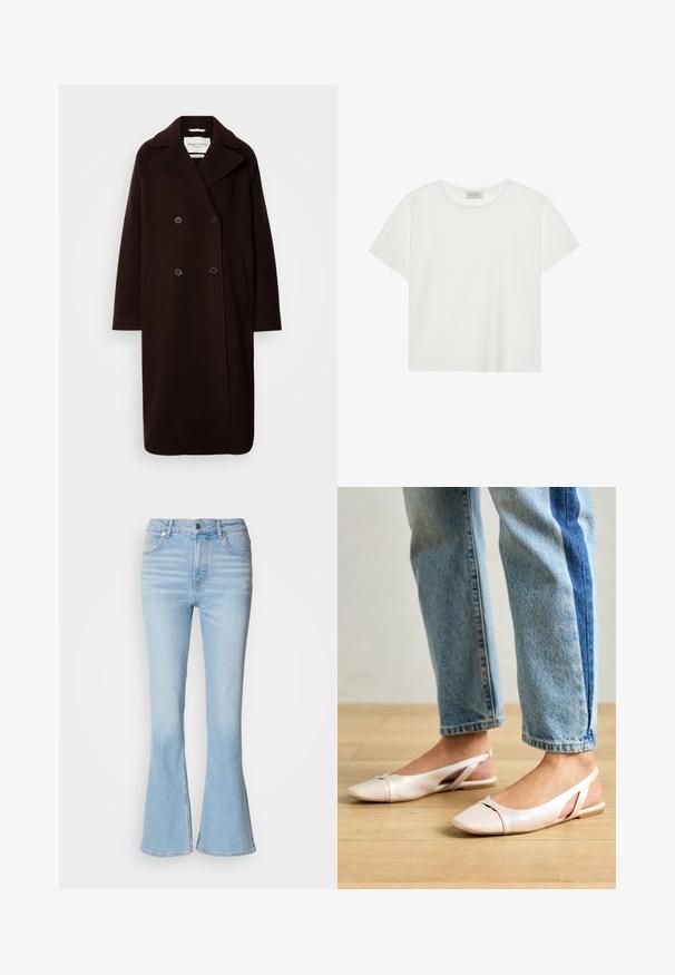 Dviejų mygtukų ilgas juodas vilnonis paltas su plačiais atvartais, dviem priekinėm kišenėm ir juodais mygtukų akcentais. Glotni tekstūra, minimalus dizainas.; Balta trumpa rankovė T-marškiniai, pagaminti iš minkštos medvilnės. Charakterizuojami apvali kaklo iškirpte ir laisvu siluetu. Švarus dizainas be matomų raštų ar akcentų.; Šviesiai mėlyni, plačiai išplatinti džinsai, pagaminti iš džinsinio audinio, su aukštu liemeniu, subtiliai pašviesėjimu ir standartiniu užtrauktuku.; Šviesiai rožiniai slingback baleto bateliai su smailiu pirštu, pagaminti iš lygios odai panašios medžiagos. Yra išpjovimų detalės šonuose ir plokščias kulnas.