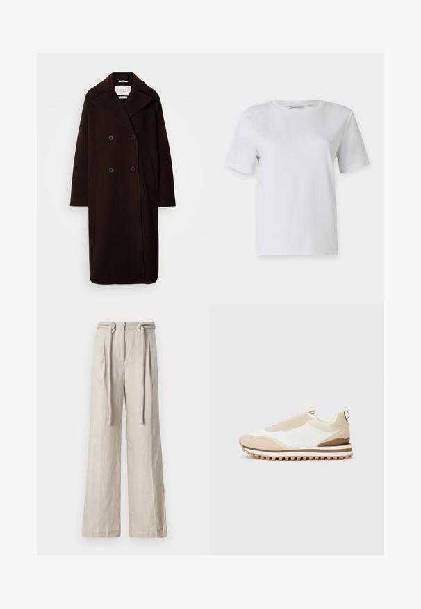 Doppelreiher, langer schwarzer Wollmantel mit breitem Revers, zwei aufgesetzten Taschen und schwarzen Knopfakzenten. Glatte Textur, minimalistisches Design.; Weißes T-Shirt mit kurzen Ärmeln aus glattem Baumwollstoff. Verfügt über einen Rundhalsausschnitt und einen geraden Saum, ohne Muster oder Verzierungen.; Hochtaillierte, weitgeschnittene Hosen aus leichtem beigen Leinen mit vorderem Faltenwurf und gebundenem Gürtel-Detail. Glatte Textur und bequeme Passform.; Beige und weiße Low-Top-Sneaker mit strukturiertem Sohle und Zuglasche an der Ferse, auf einem schlichten hellen Hintergrund angezeigt, Seitenansicht.