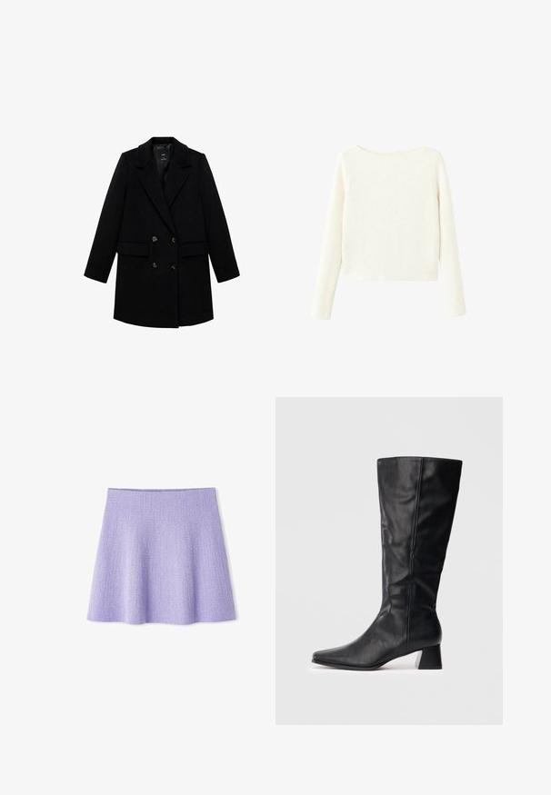 Abrigo negro de doble botonadura con solapa, detalles de botones y dos bolsillos frontales, confeccionado en una tela texturizada.; Jersey de punto de canalé blanco, de mangas largas, con un escote tipo barco ligeramente pronunciado y un dobladillo recto.; Falda acampanada de color lavanda hecha de tela texturizada. Presenta una cintura alta y una forma de A, proporcionando una silueta suave y fluida.; Bota de cuero negra hasta el medio de la pantorrilla con punta afilada y tacón cuadrado sobre un fondo claro y liso.
