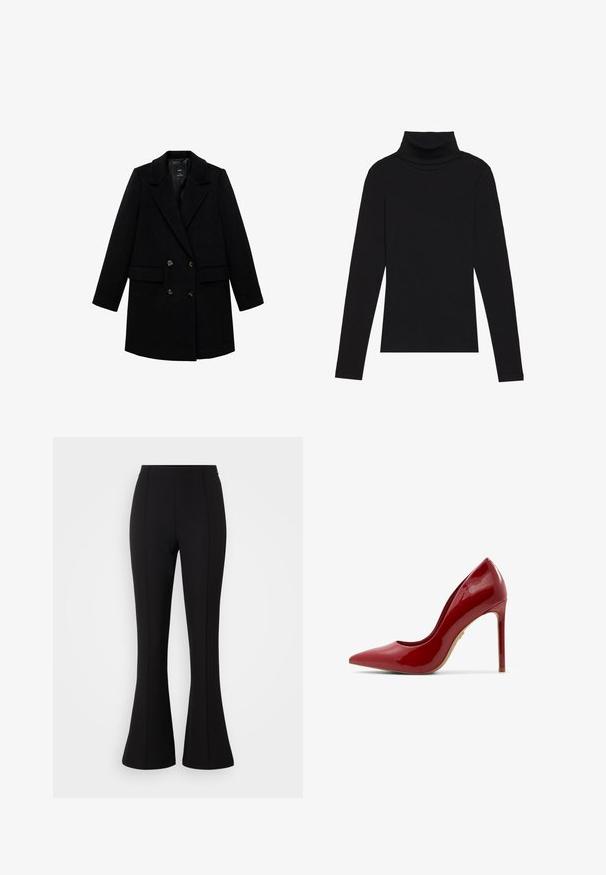 Čierny dvojradový kabát s výstrihom do "V", gombíkovými detailmi a dvoma prednými vreckami, vyrobený z texturovanej látky.; Čierny rolák s dlhým rukávom, vyrobený z rebrovanej tkaniny, má priliehavý strih s vysokým golierom a bez vzorov alebo akcentov.; Čierne zvonové nohavice vyrobené z elastického materiálu, s hladkou textúrou, vysokým pásom a švovými detailami vpredu.; Červená lakovaná vysoká topánka na ihlovom podpätku s špicatou špičkou, hladkým povrchom a štíhlym podpätkom s béžovou podrážkou.