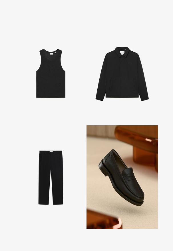 Melnā vieglā jaka ar apkakles izgriezumu, priekšējo pogu aizdari un divām sānu kabatām. Iezīmējas ar smalku logo uz krūtīm.; Melnā bezpiedurkņu topa kreklā ir teksturēts raksts, apaļa kakla izgriezums. Izgatavots no viegla adīta materiāla.; Melni bikses ar taisniu kāju dizainu, priekšējiem kabatām un pogu aizdari. Izgatavotas no gluda auduma ar elegantu apdari.; Melns ādas mokasīns ar teksturētu virsmu, ar šuvēm un gumijas zolēm. Novietots uz gaiša fona.