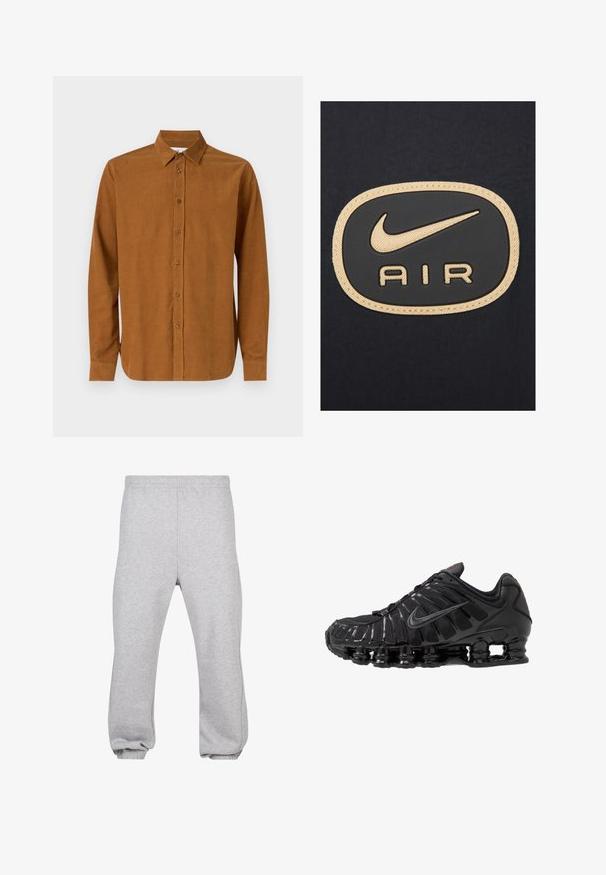 Nike Sportswear AIR - Chaqueta fina - black white metallic gold; Camisa de botones de manga larga marrón, hecha de una tela suave, con un collar clásico y siete botones en el frente, con mangas rectas y puños.; Joven con cabello rizado corto que lleva una camiseta blanca de manga corta y jeans azules, de pie con las manos en los bolsillos.; Pantalones de chándal grises hechos de una mezcla de algodón, con cintura elástica, piernas ajustadas y dobladillos acampanados. Diseño simple sin patrones.; Zapatilla deportiva negra con parte superior de malla y sintético, con un diseño acanalado, cordones y una suela gruesa con unidades de amortiguación visibles.