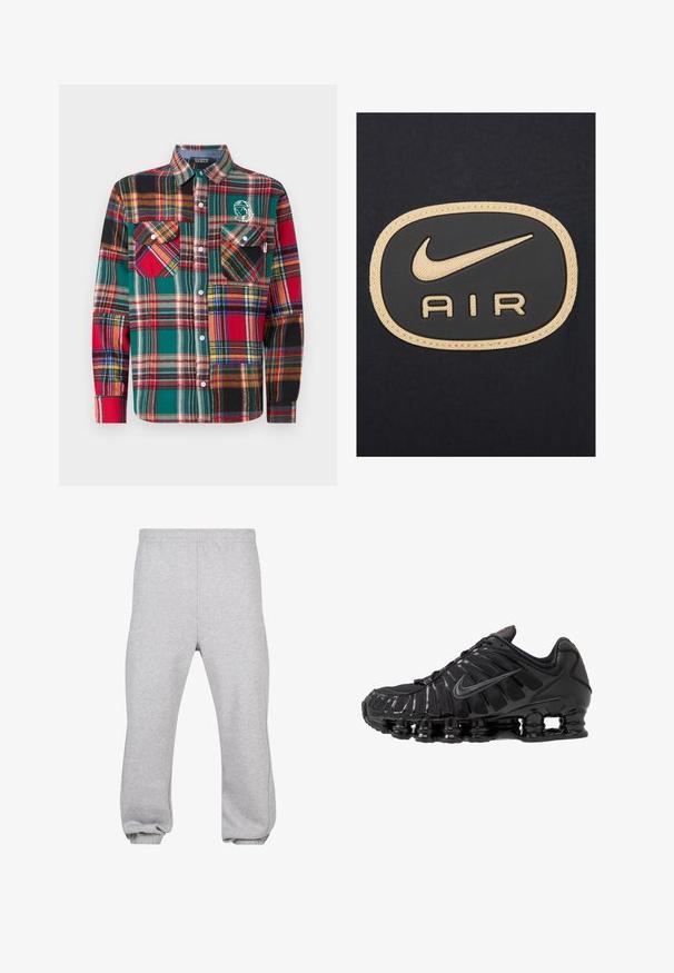 Nike Sportswear AIR - Lichte jas - black white metallic gold; Billionaire Boys Club PATCHWORK CHECK SHIRT - Overhemd - multi coloured; Jongeman met kort, krullend haar, gekleed in een eenvoudig wit T-shirt met korte mouwen en blauwe jeans, staand met de handen in zijn zakken.; Grijze joggingsbroek van een katoenmix, met een elastische tailleband, taps toelopende pijpen en verdfste naden. Eenvoudig ontwerp zonder patronen.; Zwart sportief schoen met een bovenwerk van mesh en synthetisch materiaal, met een ribbelontwerp, veterstrik en een chunky zool met zichtbare dempingseenheden.