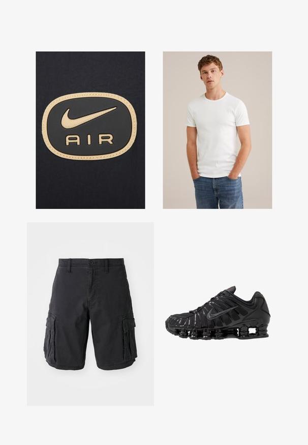 Nike Sportswear AIR - Chaqueta fina - black white metallic gold; Joven con cabello rizado corto que lleva una camiseta blanca de manga corta y jeans azules, de pie con las manos en los bolsillos.; Pantalones cortos de cargo negros hechos de algodón, con múltiples bolsillos laterales, cierre de botón y un corte relajado. Textura suave y costuras resistentes.; Zapatilla deportiva negra con parte superior de malla y sintético, con un diseño acanalado, cordones y una suela gruesa con unidades de amortiguación visibles.