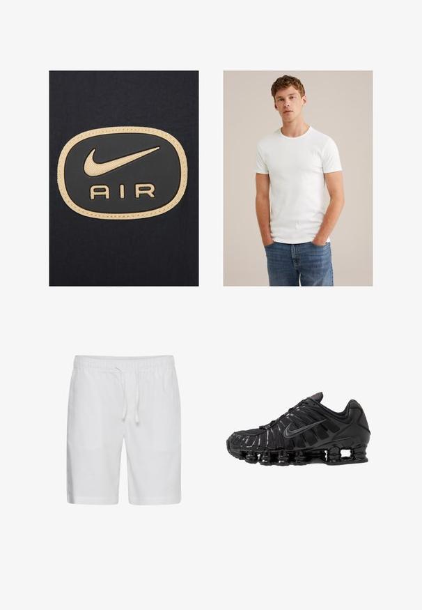 Nike Sportswear AIR - Giacca leggera - black white metallic gold; Giovane uomo con capelli ricci corti che indossa una maglietta bianca a maniche corte e jeans blu, in piedi con le mani nelle tasche.; Casual Friday CFPHELIX LINEN MIX - Shorts - bright white; Scarpa sportiva nera con un upper in mesh e sintetico, caratterizzata da un design rigato, lacci e una suola spessa con unità di ammortizzazione visibili.