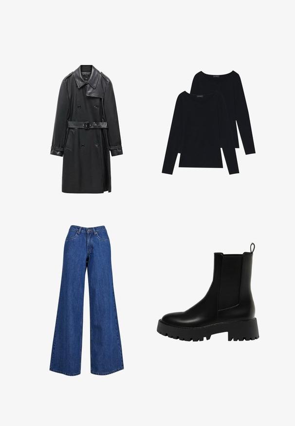 Črna dvoredna plašč iz usnja, ki ima pas, širok ovratnik in stranske žepe. Gladka tekstura z sijočimi detajli.; Dva črna dolgoročna majica iz mehkega rebrastega blaga s širokimi okroglimi izrezi, ki značilno izstopajo s preprostim dizajnom in gladko teksturo.; Široke jeans hlače v srednji modri barvi, z visokim pasom, kontrastnim šivanjem in klasičnim pet-pocket dizajnom.; Črne usnjene gležnjarje z teksturirano bočno ploščo, zaobljenim prstom in debelim ploščatim podplatom, ki ima cik-cak vzorec.