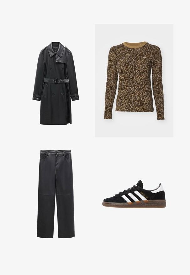 Sort dobbelbrystet trenchcoat lavet af læder, med bælte i taljen, stor krave og sidelommer. Glat tekstur med blanke accenter.; Brun langærmet t-shirt med leopardprint, rund halsudskæring og let stræk. Lille logopatch på forsiden.; Sorte faux læder bukser med vid ben, bæltesløjfer, fire lommer og en glat tekstur. Har et rent, minimalistisk design.; Sort Adidas sneakers med hvide striber, guld "Spezial" tekst, gummisål og hvid hælflap, vist i profil.