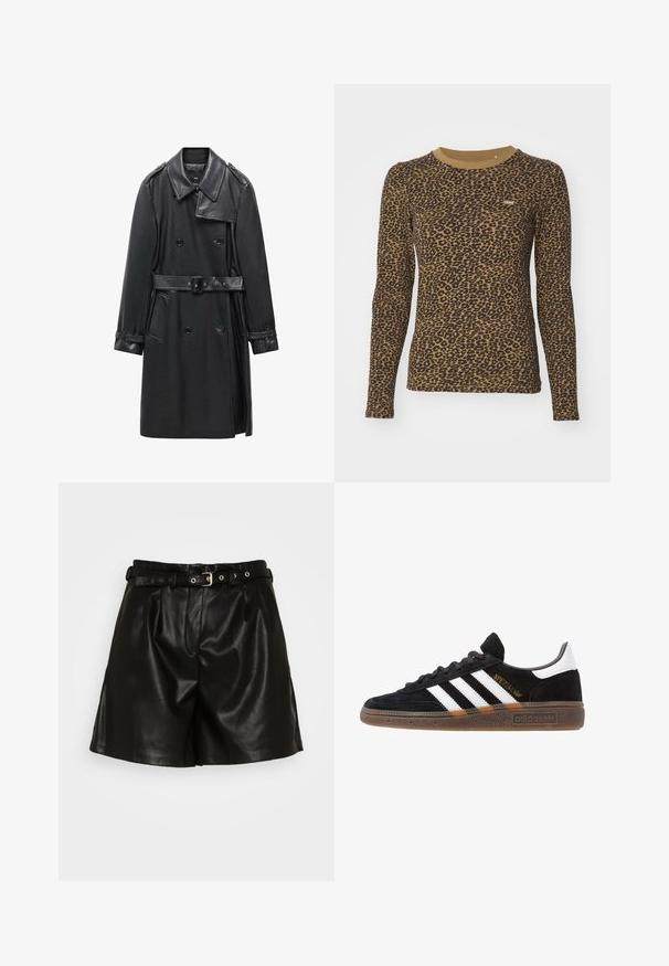 Černý dvouřadý trenčkot z kůže, s páskem v pase, velkým límcem a bočními kapsami. Hladká textura s lesklými akcenty.; Hnědé tričko s dlouhým rukávem s leopardím potiskem, kulatým výstřihem a mírným strečovým efektem. Malá nášivka s logem na přední straně.; Černé kožené šortky s plisovaným předním dílem, páskem se zlatou sponou a bočními kapsami. Hladká textura a přizpůsobený střih.; Černé tenisky Adidas se bílými pruhy, zlatým textem "Spezial", gumovou podešví a bílou patní částí, zobrazené v bočním pohledu.