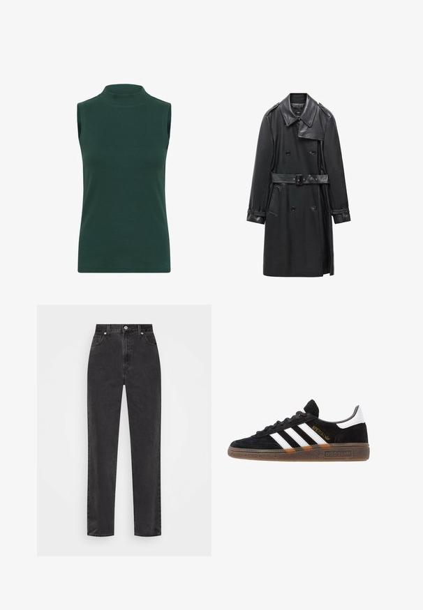 Crni dvostruki mantil od kože s pojasom u struku, velikim ovratnikom i bočnim džepovima. Glatka tekstura s sjajnim detaljima.; Majica bez rukava s visokim ovratnikom od rebrastog materijala u tamnozelenoj boji. Ima visoki ovratnik, glatku teksturu i prilagođeni dizajn.; Crne traperice ravnih nogavica s visokim strukom, prednjim kopčanjem na dugme i patentni zatvarač, te stilom s pet džepova na bijeloj pozadini.; Crni Adidas tenisice s bijelim prugama, zlatnim natpisom "Spezial", gumeni potplat i bijeli oznaka na peti, prikazane u bočnom pogledu.