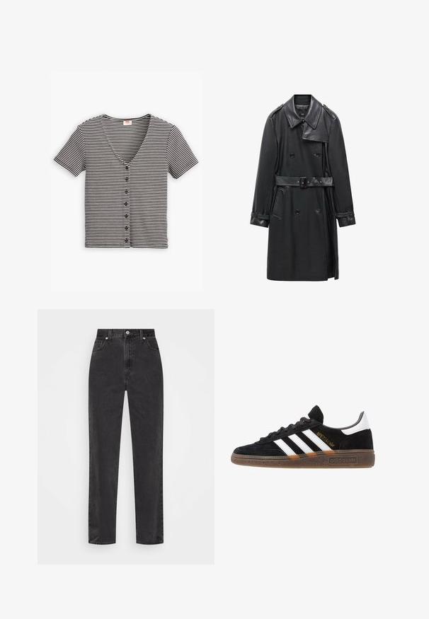 Zwarte dubbelzijdige trenchcoat van leer, met een ceintuur in de taille, grote kraag en zijzakken. Gladde textuur met glanzende accenten.; Zwart-wit gestreepte korte mouwen blouse met een V-hals en textuurstof. Kenmerkt zich door meerdere knopen aan de voorkant.; Zwarte denim jeans met rechte pijpen en hoge taille, met een knoop en rits aan de voorkant en vijf zakken, op een witte achtergrond.; Zwarte Adidas sneaker met witte strepen, gouden "Spezial" tekst, gumzool en witte hieltab, weergegeven in zijaanzicht.