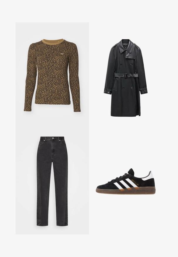Musta kaksirivinen trenssitakki nahasta, jossa on vyöllinen vyötärö, suuri kaulus ja sivutaskut. Sujuva pinta kiiltävillä yksityiskohdilla.; Ruskea pitkähihainen t-paita, jossa on leopardikuosinen kuvio, pyöreä pääntie ja hieman joustava materiaali. Pieni logoämpäripatchi edessä.; Suorat mustat farkut korkealla vyötäröllä, edessä nappi ja vetoketju sekä viisi taskua valkoisella taustalla.; Mustat Adidas-nikeset, joissa on valkoiset raidat, kultaiset "Spezial"-tekstiset, kumipohja ja valkoinen kantapää, esitetty sivuprofiilissa.