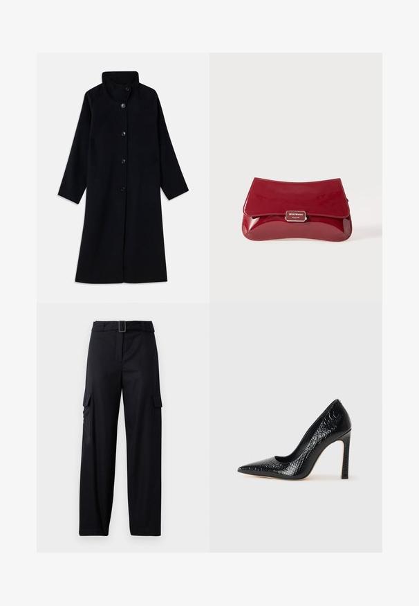 Long black coat with high collar and five front buttons, long sleeves, and a straight cut, displayed flat on a white background.; Blue satin short-sleeve blouse with a square neckline and back zipper. Smooth texture and slightly loose fit.; Black cargo pants with a straight-leg design, featuring two side pockets and a belt with a rectangular buckle. Smooth fabric texture.; Black pointed-toe high heel shoe with a crocodile-skin texture, featuring a sleek design, high stiletto heel, and smooth black interior.; Red patent leather clutch bag with a curved design, fold-over flap, and a metal logo accent on a silver plaque. Smooth, shiny texture.