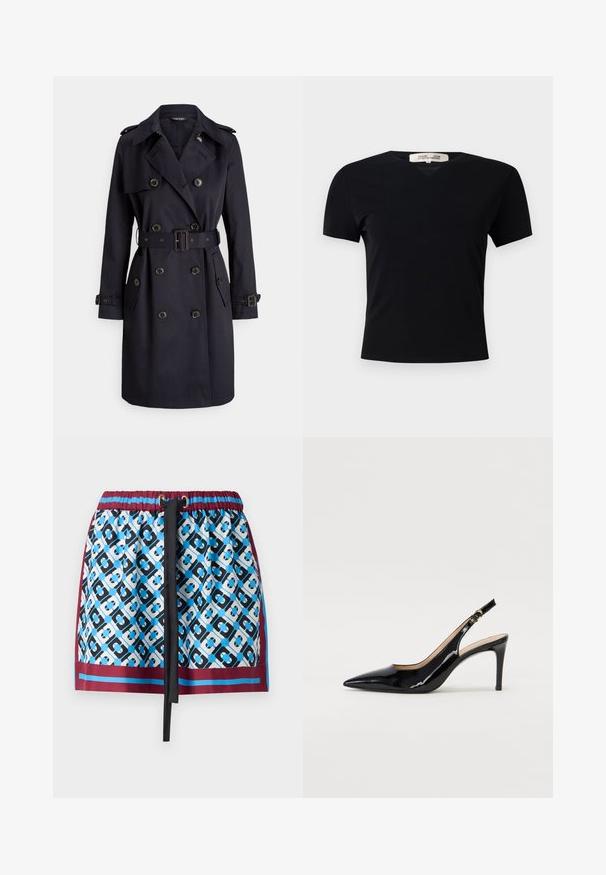 Tamno plavi baloner od teksturirane tkanine s dvolisnim dizajnom, velikim gumbima i odgovarajućim remenom s pravokutnom kopčom.; Crna kratka majica s kratkim rukavima i V-izrezom, izrađena od glatkog, rastezljivog materijala. Ima jednostavan, klasičan kroj bez ukrasa.; Kratka suknja s plavim i crnim geometrijskim uzorkom, elastični pojas s vezicom i tamnocrvenim obrubom duž dna.; Crne lakirane slingback cipele s oštrim vrhom, uskim potpeticama i suptilnim izrezom. Sadrže zlatnu kopču na traku.