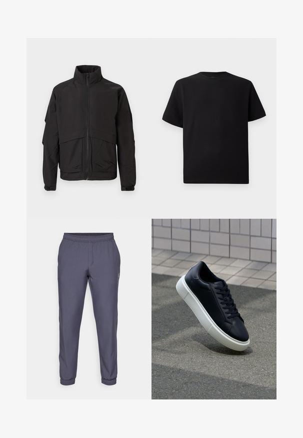 Black jacket with a high collar, zip closure, and long sleeves. Features a layered design and smooth, matte texture.; Black short-sleeve T-shirt made of textured fabric, featuring a round neckline and a relaxed fit. Simple, no patterns or accents.; Grey athletic pants with an elastic waistband, tapered legs, and cuffed hems. Smooth texture and minimal branding on the side.; Black leather sneaker with rounded toe and white rubber sole. Features flat laces and minimal stitching on the upper. Textured sole for grip.