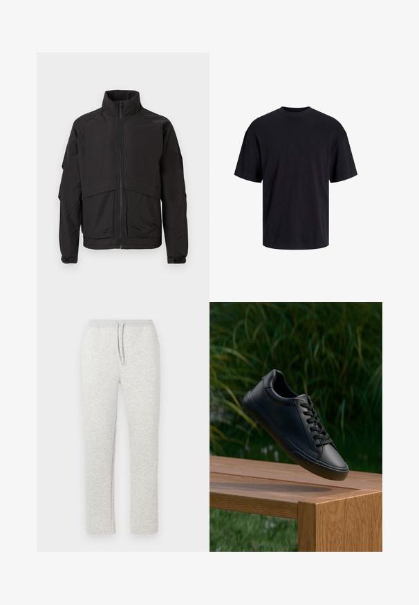 Crna jakna s visokim ovratnikom, zatvaranjem na zip i dugim rukavima. Ima slojevit dizajn i glatku, mat teksturu.; Crna pamučna majica s okruglim izrezom, kratkim rukavima i opuštenim krojem. Glatka tekstura bez vidljivih uzoraka ili dekoracija.; Svijetlosive trenirke s mekom teksturom, elastičnom waistbandom i vezicom. Imaju sužene nogavice i bez vidljivih džepova. Ležerni dizajn.; Crne kožne tenisice s glatkom teksturom, okruglim vrhom i ravnim vezicama, postavljene iznad drvene površine s zelenom travom u pozadini.