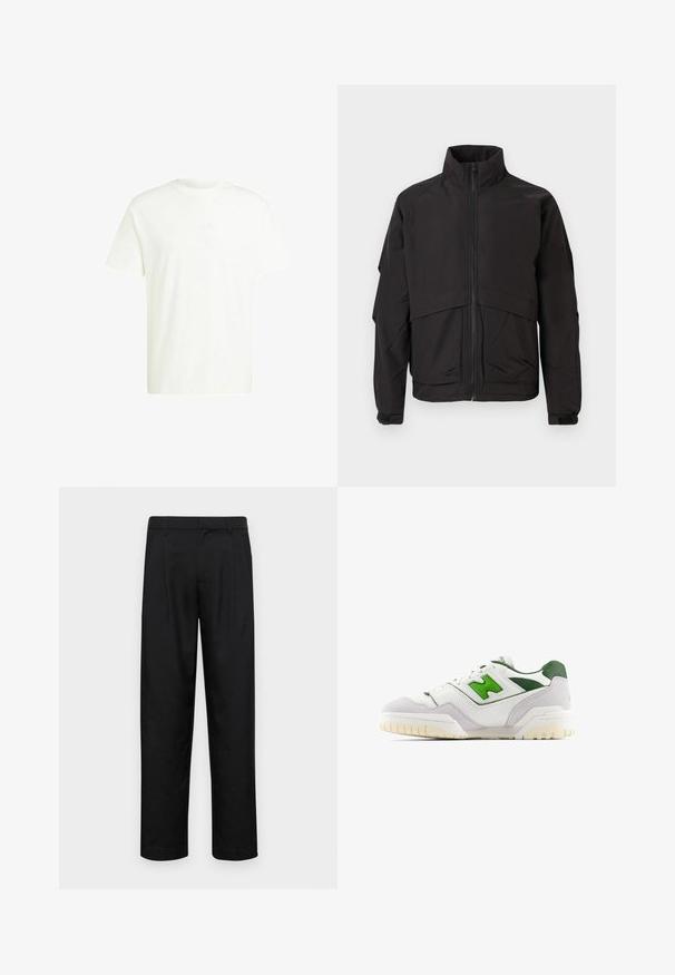 Giacca nera con colletto alto, chiusura con zip e maniche lunghe. Caratterizzata da un design a strati e una texture liscia e opaca.; T-shirt bianca a maniche corte in cotone con girocollo e un logo embossato discreto sul davanti. Texture morbida e vestibilità rilassata.; Pantaloni neri realizzati in tessuto liscio, caratterizzati da un taglio dritto, due pieghe frontali e una vita standard con passanti per la cintura.; Sneaker bianca con accenti verdi, realizzata in pelle e suede. Presenta una tomaia testurizzata, colletto imbottito e una suola in gomma con battistrada visibile.