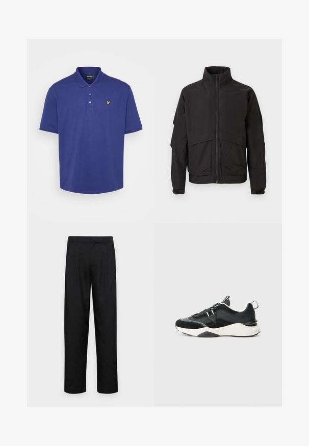 Giacca nera con colletto alto, chiusura con zip e maniche lunghe. Caratterizzata da un design a strati e una texture liscia e opaca.; Polo shirt blu navy in cotone. Presenta un colletto, una patta con tre bottoni e un piccolo logo giallo sul petto. Maniche corte.; Pantaloni neri realizzati in tessuto liscio, caratterizzati da un taglio dritto, due pieghe frontali e una vita standard con passanti per la cintura.; Sneaker nera con una combinazione di materiali in suede e mesh, suola bianca chunky e dettagli riflettenti. Design con lacci e linguetta per il sollevamento.