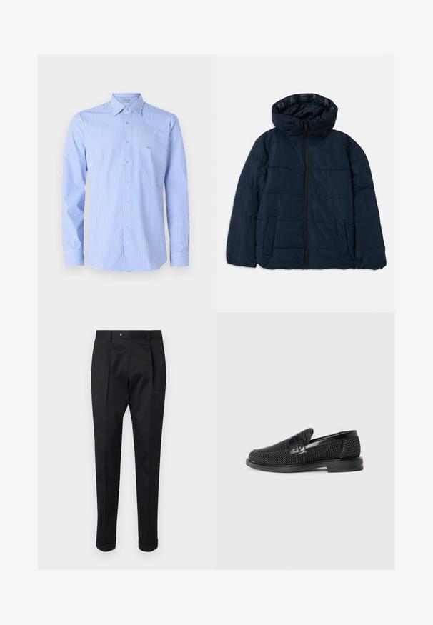 Jachetă pufă marină cu glugă, dotată cu fermoar frontal, design cu cusături orizontale, două buzunare laterale și logo pe căptușeala interioară.; Cămașă în dungi cu dungi verticale albastre deschise și albe, guler căptușit, mâneci lungi și un mic logo pe piept.; Pantaloni negri dintr-un material neted, cu o pliță în față, închidere cu nasture și manșete răsucite la gleznă.; Pantofii negri din material textil, cu accent din piele netedă pe partea superioară, design cu vârf rotund și talpă din cauciuc de profil redus.