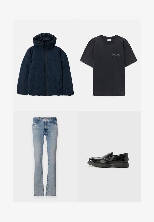 Námořnická péřová bunda s kapucí, s předním zipem, designem horizontálního šití, dvěma bočními kapsami a logem na vnitřním podšívce.; Černé tričko s krátkým rukávem a kulatým výstřihem s malým bílým logem "Filling Pieces" na levé hrudi.; Světle modré denimové zvonové džíny s středním pasem, pěti kapsami a opotřebovaným vzhledem, s zipem a kovovým zapínáním.; Černé kožené mokasíny s lesklým povrchem, kulatou špičkou, nenápadnými švy a silnou gumovou podrážkou pro odolnost.