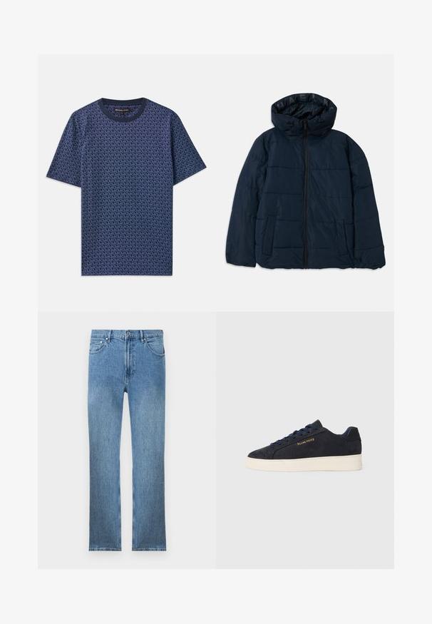 Mornarska puhovka s kapuco, z zadrgo spredaj, horizontalnim šivom, dvema stranskima žepoma in logotipom na notranji podlogi.; Temno modra bombažna majica s kratkimi rokavi, okrašena z geometrijskim vzorcem logotipa MK. Ima okrogel izrez in kratke rokave, z strukturo tkanine po celotni površini.; Svjetloplave traperice s ravnim krojem, pet džepova, patentnim zatvaračem i kontrastnim šavovima. Tkanina ima glatku, teksturiranu površinu.; Mornarsko modre semiš nizke superge z belim podplatom, mornarskimi vezalkami in z zlatim logotipom "Filling Pieces" na strani.