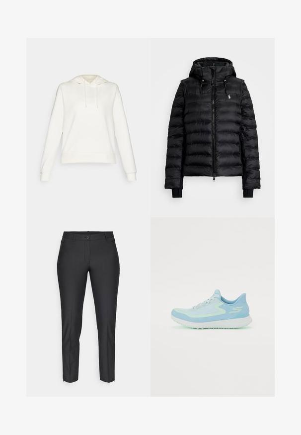 Sort pufferjakke med lynlås foran, hætte og ribbede manchetter. Har en quiltet design og et lille logo på venstre bryst.; Hvid hættetrøje med snørehætte, lange ærmer og ribbede manchetter. Har en glat stofstruktur og en afslappet pasform.; Sorte skræddersyede bukser med en glat overflade, der har en knaplukning, lynlås og to sidelommer. Slim fit med tapered ben.; Lysblåt træningssko med mesh-overdel, afrundet tå, polstret sål og reflekterende detaljer. Har snørebånd og en støttende hæl.