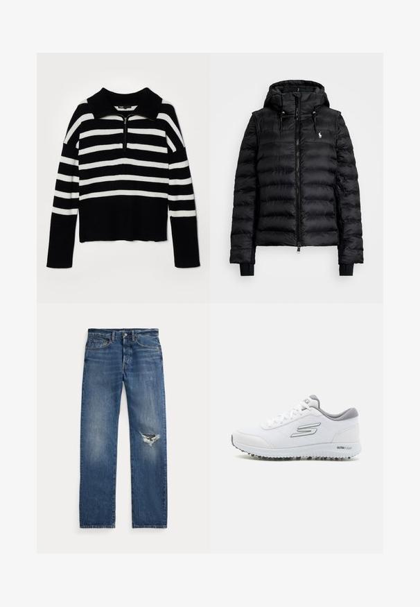 Schwarze Daunenjacke mit Reißverschluss vorne, Kapuze und gerippten Bündchen. Verfügt über ein gestepptes Design und ein kleines Logo auf der linken Brust.; Maje Strickpullover - noir/ecru; Weißes Baumwoll-Polohemd mit klassischem Kragen, kurzen Ärmeln und einem dunkelblauen gestickten Logo auf der linken Brust. Fünf-Knopf-Leiste.; Blaue Jeans aus Denim mit mittelhohem Bund, fünf Taschen und einem fransigen Riss am rechten Knie.; Weiße Sportschuhe mit einem strukturierten Mesh-Obermaterial, silbernen Akzenten und einer leichten Sohle mit kleinen Traktionsnoppen, bezeichnet als "ULTRA FLIGHT".