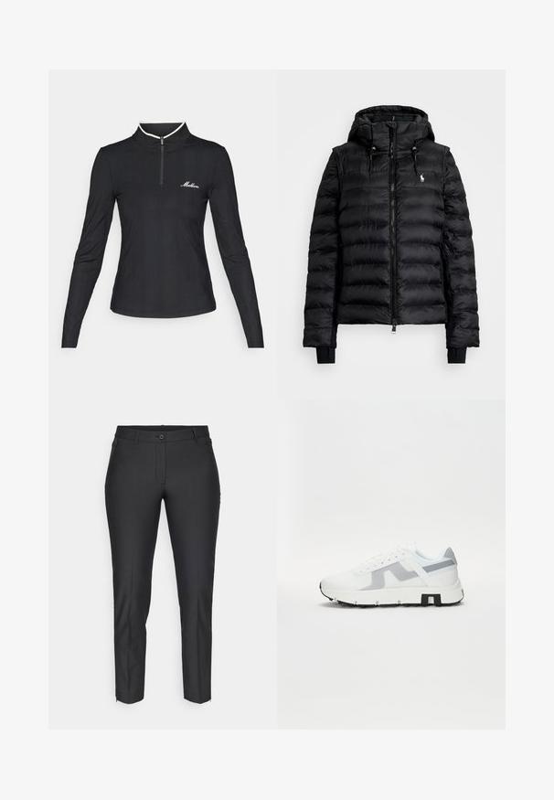Musta puffjakker, millel on eest avanev tõmblukk, kapuuts ja ribiremad. Tootel on tikandkujundus ja väike logo vasakul rinnal.; Mustkunst mustaga pika varrukaga tõmblukkidega pluus, millel on ribakujuline tekstuur, kontrastse valge krae ja väike logo rinnal. Õhuke disain.; Mustad mustriga mustad püksid, millel on sile tekstuur, nupuga sulgemine, tõmbluku lend ja kaks küljetaskut. Kitsas sobivus ahenevate jalgadega.; Valge sportlik tennisekenk hallide aktsentidega, tekstureeritud ülemine osa, paks tallaosa ja kontrastne must kanddetail. Paeltega disain koos microfiiberpaneelidega.