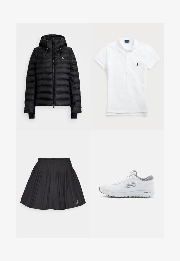 Fekete steppelt dzseki cipzárral elöl, kapucnival és bordázott mandzsettákkal. Steppelt kialakítással és egy kis logóval a bal mellrészen.; Fehér pamut poloing klasszikus gallérral, rövid ujjal és a bal mellrészen elhelyezkedő sötétkék hímzett logóval. Öt gombos nyitás.; Fekete, pleats-es szoknya, elasztikus derékkal, a jobb alsó sarokban logóval, fehér háttér előtt.; Fehér sportcipők texturált hálós felsőrésszel, ezüst részletekkel és könnyű talppal, amelyen kis tapadószögek találhatók, "ULTRA FLIGHT" felirattal.