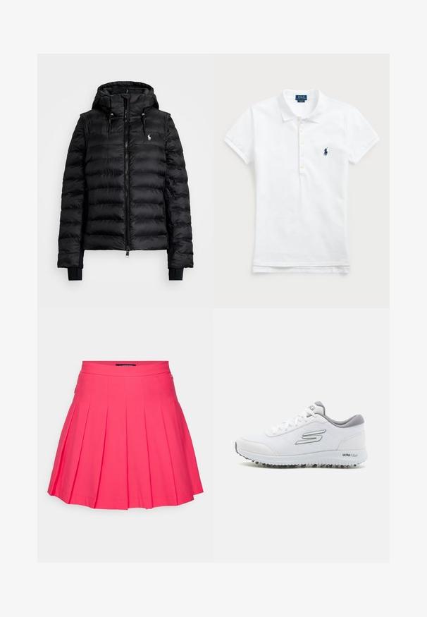 Fekete steppelt dzseki cipzárral elöl, kapucnival és bordázott mandzsettákkal. Steppelt kialakítással és egy kis logóval a bal mellrészen.; Fehér pamut poloing klasszikus gallérral, rövid ujjal és a bal mellrészen elhelyezkedő sötétkék hímzett logóval. Öt gombos nyitás.; Rózsaszín, pliszírozott szoknya lapos derékkal. Puha anyagból készült, több késes pliszével és sima textúrával.; Fehér sportcipők texturált hálós felsőrésszel, ezüst részletekkel és könnyű talppal, amelyen kis tapadószögek találhatók, "ULTRA FLIGHT" felirattal.