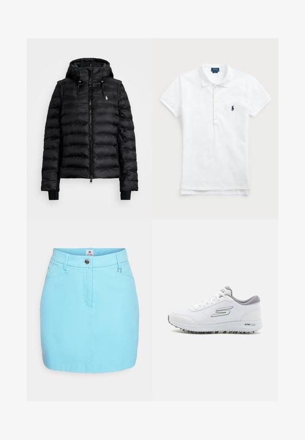 Melna pūkaina jaka ar rāvējslēdzēju priekšpusē, kapuci un ribota tipa piedurknēm. Iekšējo daļu rotā quilted dizains, un kreisajā krūtī atrodas neliels zīmolloga.; Balta kokvilnas polo krekls ar klasisku apkakli, īsām piedurknēm un tumši zilā krāsā izšūtu logotipu kreisajā krūtī. Ar piecu pogu aizdari.; Gaiši zils džinsa svārku ar pieguļošu dizainu, ar priekšējo pogu aizdari, divām priekšējām kabatām un gludu tekstūru. Īss garums.; Baltie sporta apavi ar teksturētu sietu augšpusi, sudraba akcentiem un vieglu zoli ar mazām saķeres uzlikām, apzīmēti "ULTRA FLIGHT."