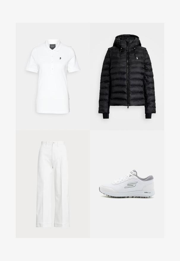 Černá péřová bunda se zipem vpředu, kapucí a manžetami s žebrováním. Obsahuje prošívaný design a malé logo na levé hrudi.; Bílá polo triko vyrobené z hladké tkaniny, s klasickým límečkem a krátkými rukávy. Černé logo na levé hrudi. Knoflíky vpředu.; Bílé kalhoty s širokými nohavicemi a vysokým pasem, s knoflíkovým zapínáním a jemnými detaily prošívání. Vyrobené z bavlny s hladkou texturou.; Bílé sportovní boty s texturovaným síťovým svrškem, stříbrnými akcenty a lehkou podrážkou se začínajícími trakčními hroty, označené "ULTRA FLIGHT."