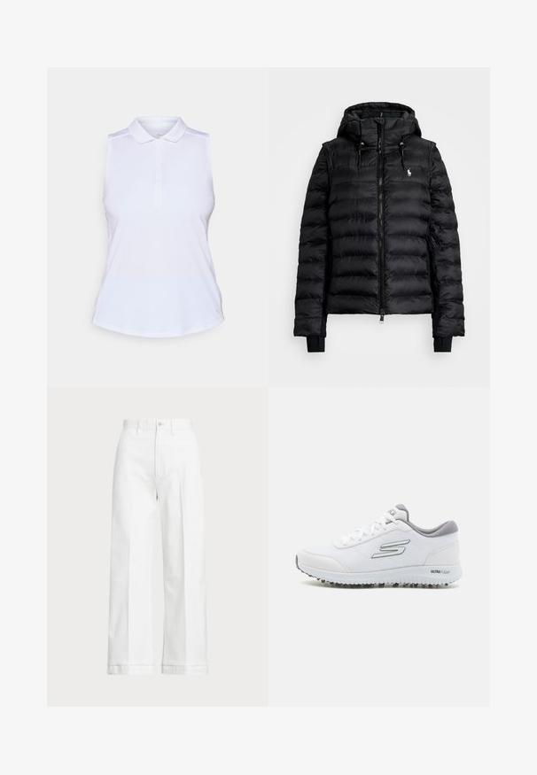 Czarna kurtka puchowa z zamkiem z przodu, kapturem i prążkowanymi mankietami. Posiada pikowaną konstrukcję oraz małe logo na lewej piersi.; Biała, bezrękawnikowa koszulka polo z kołnierzykiem, pięcioma guzikami i gładką tkaniną; ma subtelny detal logo na dolnym brzegu.; Białe, szerokie spodnie z wysokim stanem, z zapięciem na guzik i subtelnymi detalami wyszycia. Wykonane z bawełny o gładkiej fakturze.; Białe sportowe buty z teksturowanym siateczkowym wierzchem, srebrnymi akcentami i lekką podeszwą z małymi stożkami trakcyjnymi, oznaczone "ULTRA FLIGHT".