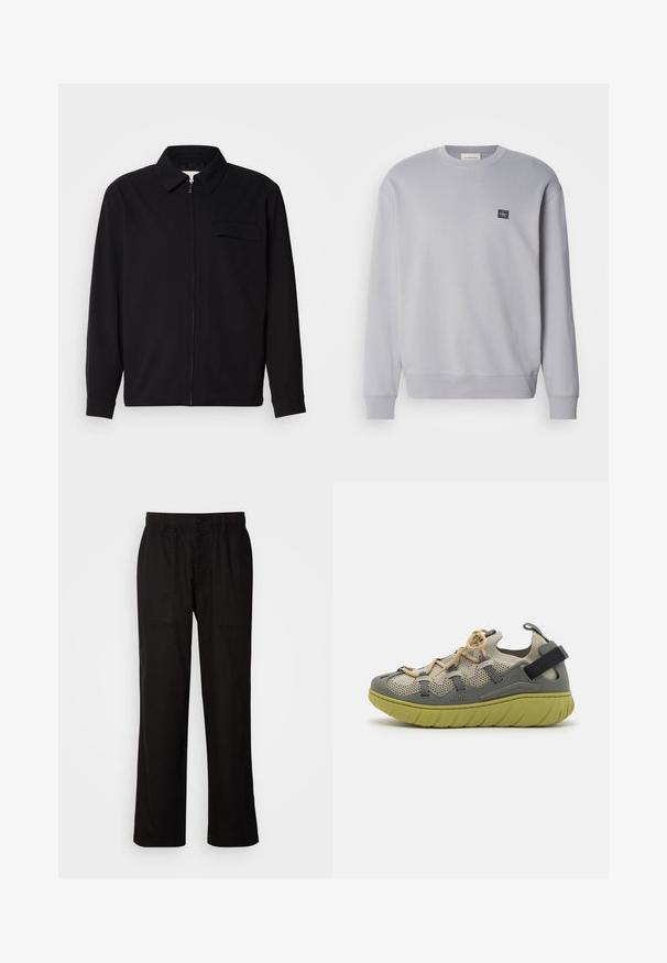 Musta pitkähihaine paita, jossa on kauluksellinen kaulus, edessä vetoketju ja rintatasku. Valmistettu teksturoidusta kankaasta, jossa on rento istuvuus.; Vaaleanharmaa huppari, joka on valmistettu puuvillasekoitteesta. Ominaisuuksiin kuuluvat pitkät hihat, pyöreä pääntie ja pieni logotähti rintamuksessa. Pehmeä tekstuuri.; Mustat housut rentoa istuvuutta, valmistettu kevyestä kankaasta. Varustettu elastisella vyötärönauhalla, nappikiinnityksellä ja kahdella etutaskulla.; HUGO REEFLYN - Matalavartiset tennarit - open green