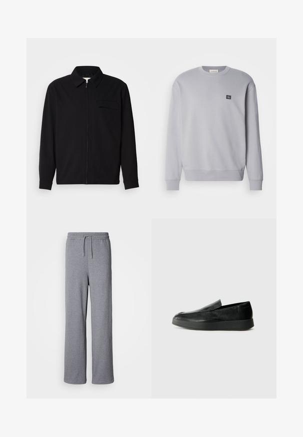 Črna dolgoročna majica z ovratnikom, sprednjim zadrgo in žepom na prsih. Narejena iz teksturirane tkanine z sproščenim krojem.; Svetlo siva dukserica iz bombažne mešanice. Ima dolge rokave, okroglo ovratnico in mali logotip na prsih. Mehka tekstura.; Sive široke trenirke iz mehkega materiala; imajo elastičen pas z vrvico in brez žepov. Preprost, brez okrasja oblikovanje.; Calvin Klein HYBRID CUP - Čevlji brez vezalk - triple black