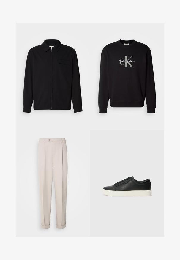 Fekete, hosszú ujjú póló, gallérral, elülső cipzárral és mellzsebbel. Texturált anyagból készült, laza szabású.; Fekete, pamut anyagú, kerek nyakú pulóver, amelynek elülső részén a "Calvin Klein" felirat és a "ck" kezdőbetűk kontrasztos szürke színben szerepelnek.; Sima anyagból készült bézs nadrág, egyenes szabással, egyetlen redővel és felhajtott szárakkal. Elöl gombos záródással rendelkezik.; Fekete bőr sportcipők perforált textúrával, kerek orral és lapos fehér gumi talppal. Fekete fűzőkkel és diszkrét logóval az oldalon.