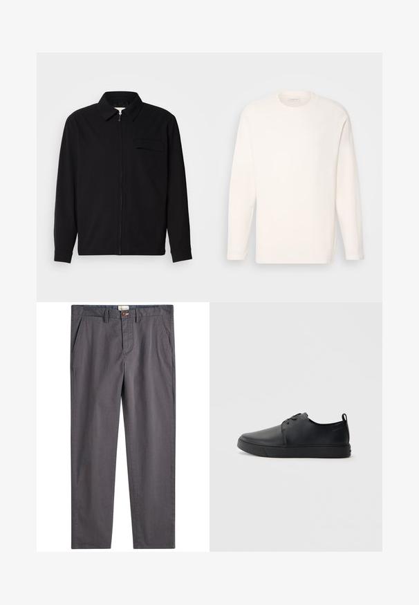 Svart langermet skjorte med krage, frontlås og brystlomme. Laget av teksturert stoff med en avslappet passform.; Langermet crewneck skjorte i off-white stoff med en glatt tekstur. Diskret logodetalj på brystet, rett kant og myke mansjetter.; Grå bomullsbukser med rett ben-kutt, knappelukking og sidelommer. Glatt tekstur med subtile sømdetaljer.; Svart lær sneakers med glatt overflate, rund tå, tonede sømmer, snøring foran og flat gummisåle. Løkke på hælen.