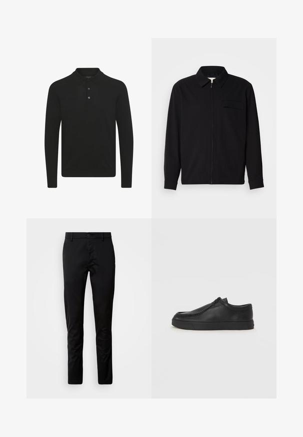 Musta pitkähihaine paita, jossa on kauluksellinen kaulus, edessä vetoketju ja rintatasku. Valmistettu teksturoidusta kankaasta, jossa on rento istuvuus.; Mustapaita, jossa on pitkät hihat, pehmeästä kankaasta valmistettu, klassinen kaulus, kolmesta napista koostuva napitus ja kapea siluetti.; Mustat housut, joissa on kapea malli, valmistettu sileästä kankaasta. Housuissa on vyötärönauha, jossa on nappisuljenta ja suorat lahkeet.; Musta nahkainen slip-on-kengät pyöristetyllä varvalla, tikattu yksityiskohta ja musta kumipohja. Sileä pinta ja minimalistinen muotoilu.