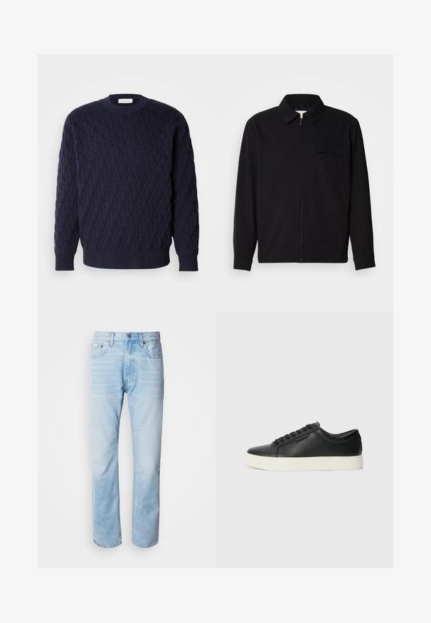Černá dlouhá rukávová košile s límečkem, předním zipovým uzávěrem a kapsou na hrudi. Vyrobená z texturované tkaniny s uvolněným střihem.; Námorně modrý pletený svetr s texturovaným vzorem, s kulatým výstřihem a žebrovanými manžetami a spodním lemem. Minimalistický design bez viditelných log.; Světle modré džíny s rovnou nohavicí, s vybledlými částmi, pěti kapsami a klasickým zapínáním na knoflík.; Černé kožené tenisky s perforovanou texturou, kulatou špičkou a plochou bílou gumovou podrážkou. Mají černé tkaničky a jemné logo na boční straně.