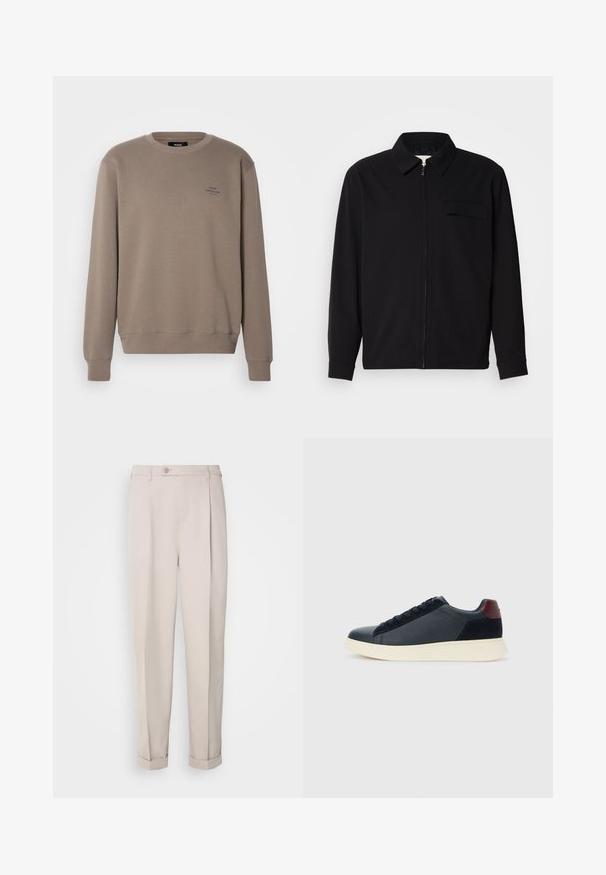 Camisa preta de manga longa com gola, fecho frontal com zíper e bolso no peito. Feita de um tecido texturizado com um corte descontraído.; Mads Nørgaard STANDARD CREW LOGO - Camisola - bungee cord; Calças bege feitas de tecido suave, com um corte reto, pregas simples e bainhas dobradas. Inclui um fecho de botão na frente.; Sapatilha baixa masculina em couro preto e camurça com aba de calcanhar em amarelo-escuro e sola de borracha branca, vista do lado exterior.