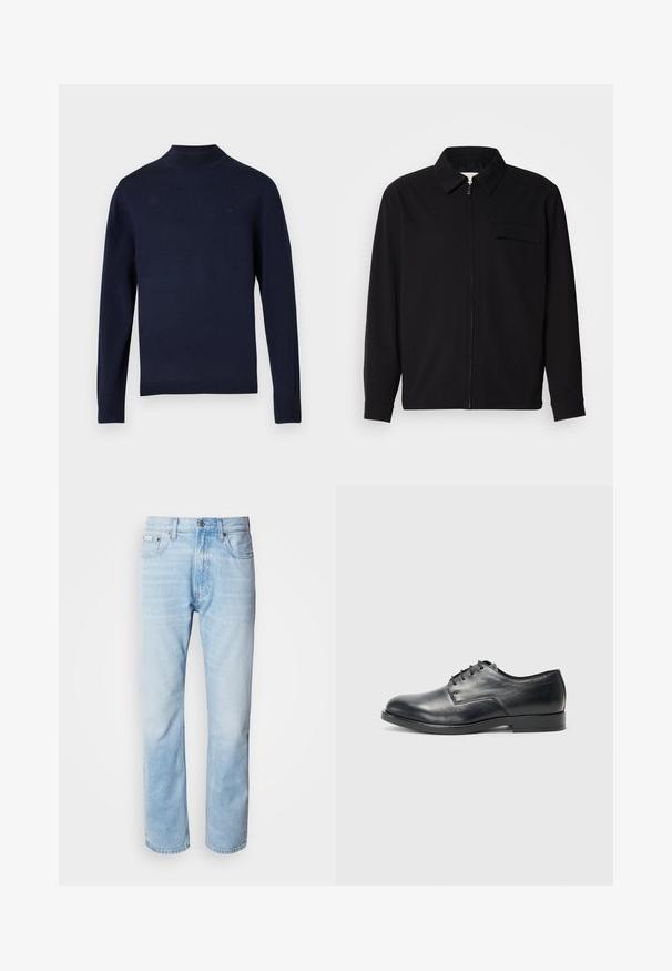 Schwarzes Langarmshirt mit Kragen, Frontreißverschluss und Brusttasche. Aus strukturiertem Stoff mit entspannter Passform.; Navy gestrickter Pullover mit hohem Kragen, langen Ärmeln und gerippten Bündchen. Mit subtiler Markenlogo auf der Brust. Glatte Textur.; Hellblaue Jeans aus Denim mit geradem Schnitt, die verblasste Abschnitte, ein Fünf-Taschen-Design und einen klassischen Knopfverschluss aufweisen.; Schwarze Lederdressschuhe mit runder Spitze, flacher Sohle und sechs Ösen für die Schnürsenkel; glatte Textur und minimalistisches Design.