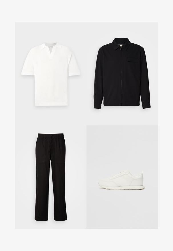 Chemise noire à manches longues avec un col, fermeture éclair à l'avant et une poche poitrine. Fabriquée en tissu texturé avec une coupe décontractée.; Pull-over blanc à manches courtes avec un design en maille texturée et un col en V, présentant une coupe décontractée et sans logos ni motifs visibles.; Pantalons noirs au fit décontracté, en tissu léger. Dotés d'une taille élastique, d'une fermeture à bouton et de deux poches avant.; Sneaker blanche avec une tige en mesh et en synthétique, bout rond, lacets plats et une bande latérale texturée. Semelle en caoutchouc avec une languette à l'arrière.