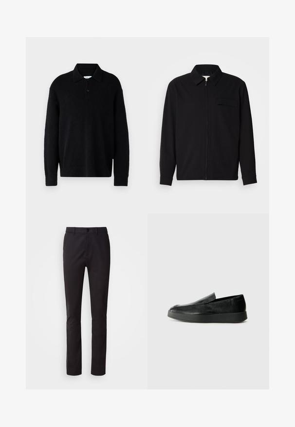 Črna dolgoročna majica z ovratnikom, sprednjim zadrgo in žepom na prsih. Narejena iz teksturirane tkanine z sproščenim krojem.; Samsøe Samsøe NINO POLO - Pulover - black; Črne hlače iz gladkega blaga, z gumbnim zapiranjem, običajnim pasom in ravnimi hlačnicami. Brez vidnih vzorcev ali okrasnih elementov.; Calvin Klein HYBRID CUP - Čevlji brez vezalk - triple black