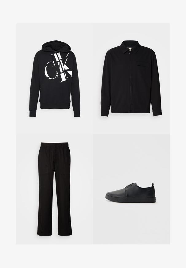 Black long-sleeve shirt featuring a collared neckline, front zip closure, and a chest pocket. Made of textured fabric with a relaxed fit.; Black hoodie made of cotton, featuring a large white graphic design with overlapping letters. Includes a drawstring hood and ribbed cuffs.; Black pants with a relaxed fit, made from lightweight fabric. Features an elastic waistband, button closure, and two front pockets.; Black leather sneaker with a smooth finish, rounded toe, tonal stitching, lace-up front, and a flat rubber sole. Loop at the heel.
