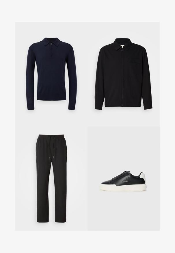 Juodas ilgomis rankovėmis marškinis, turintis apykaklės iškirptę, priekinį užtrauktuką ir krūtinės kišenę. Pagamintas iš tekstūruoto audinio, turinčio laisvą kirpimą.; Jūrinės mėlynos spalvos megztinis polo su užtrauktuku ant apykaklės, ilgomis rankovėmis, veliūrinių rankogalių ir prigludusia apačia. Lygi tekstūra su minimalistiniu dizainu.; Juodi sportiniai kelniai, pagaminti iš lengvos medžiagos, su elastingu juosmeniu, reguliuojamomis virvutėmis ir šoninėmis kišenėmis. Lygus paviršius.; Juodos odinės sportinės bateliai su balta guma. Turi apvalų nosį, raištelių dizainą ir logotipo detalę šone. Užpakalinė akcento dalis balta.