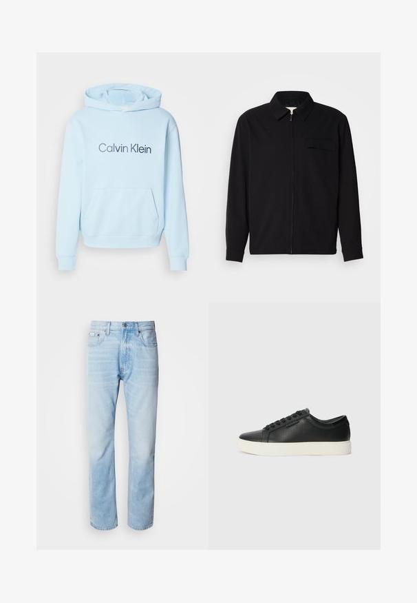 Čierna košeľa s dlhým rukávom, so golierom, predným zipsom a vreckom na hrudi. Vyrobená z textúrovanej tkaniny s voľným strihom.; Svetlomodrá mikina s kapucňou vyrobená z mäkkej látky, ktorá má predné vrecko a výrazné logo "Calvin Klein" vytlačené tmavomodrou farbou.; Svetlomodré džínsy s rovnými nohavicami, s vybledlými časťami, dizajnom s piatimi vreckami a klasickým zapínaním na gombíky.; Čierne kožené tenisky s perforovanou textúrou, okrúlym špičkou a plochou bielou gumovou podrážkou. Obsahujú čierne šnúrky a diskrétny logo na boku.