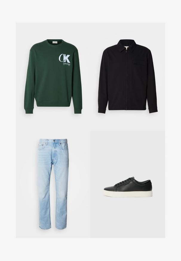 Maglietta nera a maniche lunghe con colletto, chiusura frontale con zip e taschino sul petto. Realizzata in tessuto testurizzato con una vestibilità rilassata.; Felpa verde in cotone con maniche lunghe, scollo rotondo e logo bianco di Calvin Klein sul petto. Tessuto morbido e polsini a coste.; Jeans in denim blu chiaro con taglio dritto, caratterizzati da sezioni sbiadite, design a cinque tasche e iconico bottone di chiusura.; Sneaker nere in pelle con texture perforata, punta tonda e suola piatta in gomma bianca. Presentano lacci neri e un logo discreto sul lato.